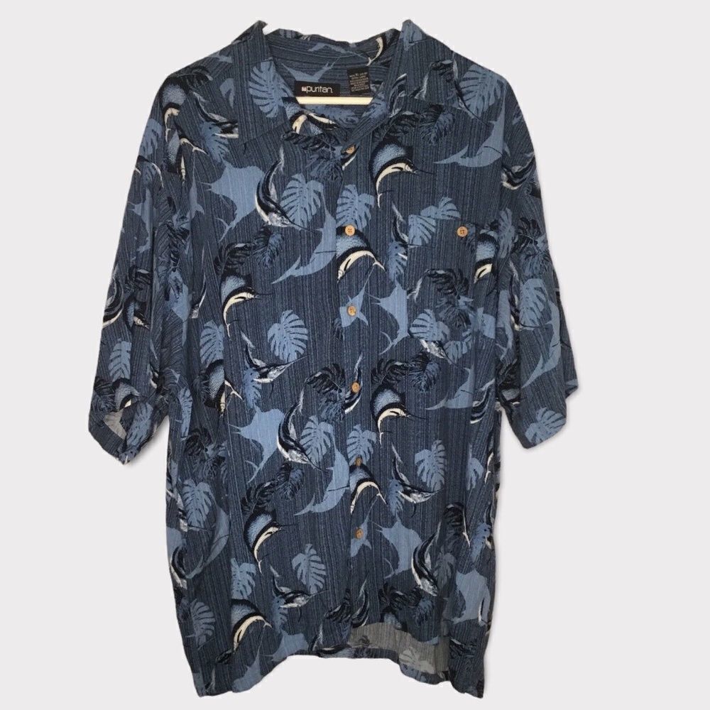 VTG Puritan Men's Blue Swordfish Marlin Short Sleeve Button Up Fishing Shirt  XL